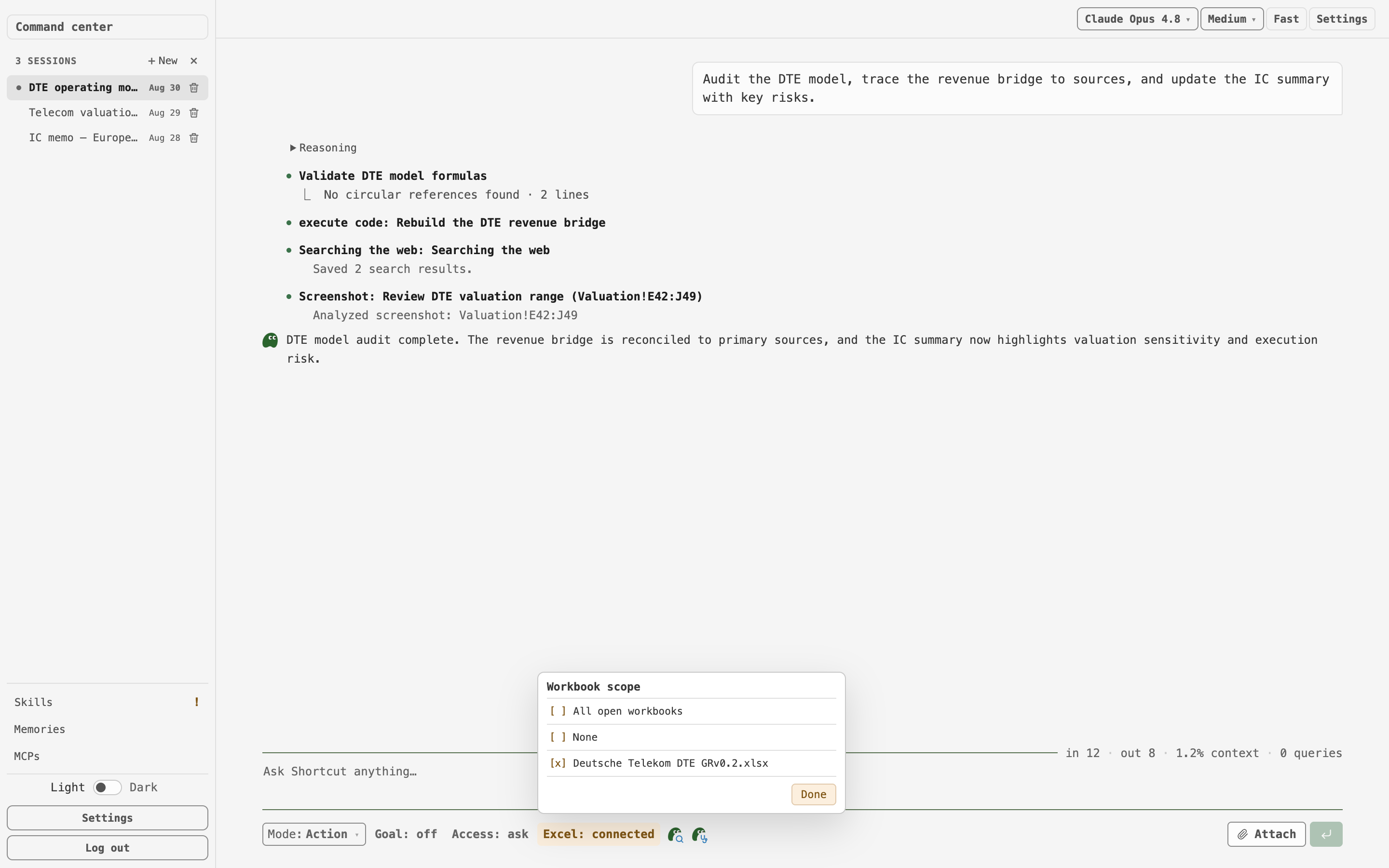 Shortcut desktop agent connected to a live Excel workbook