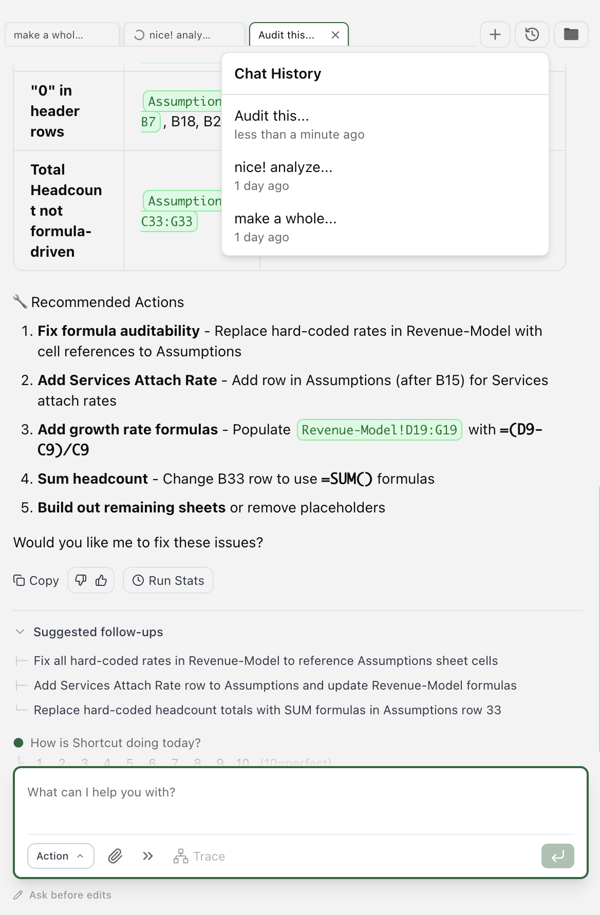 Shortcut multi-chat interface showing multiple conversation threads with preserved history